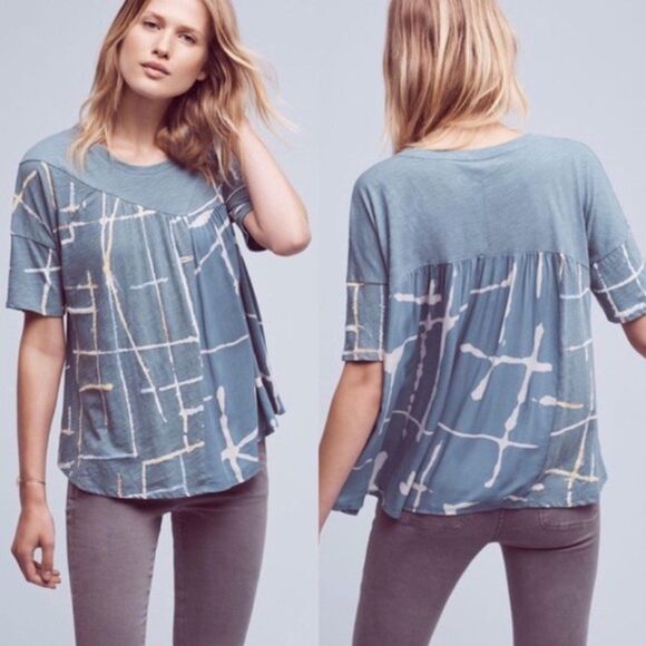 Anthropologie AKEMI + KIN 'Light Streaks' Blue Short Sleeve Swing Tee Size Large - Picture 1 of 11